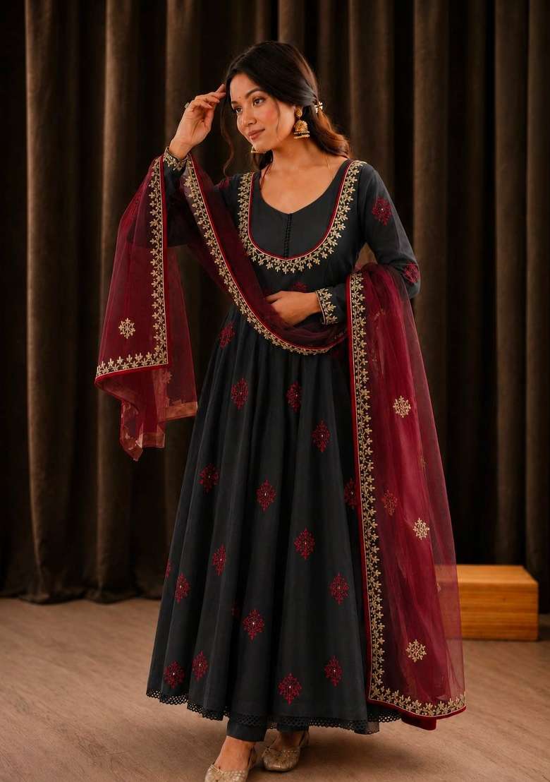 Black And Red Embroidery Cotton Anarkali Set - Indya