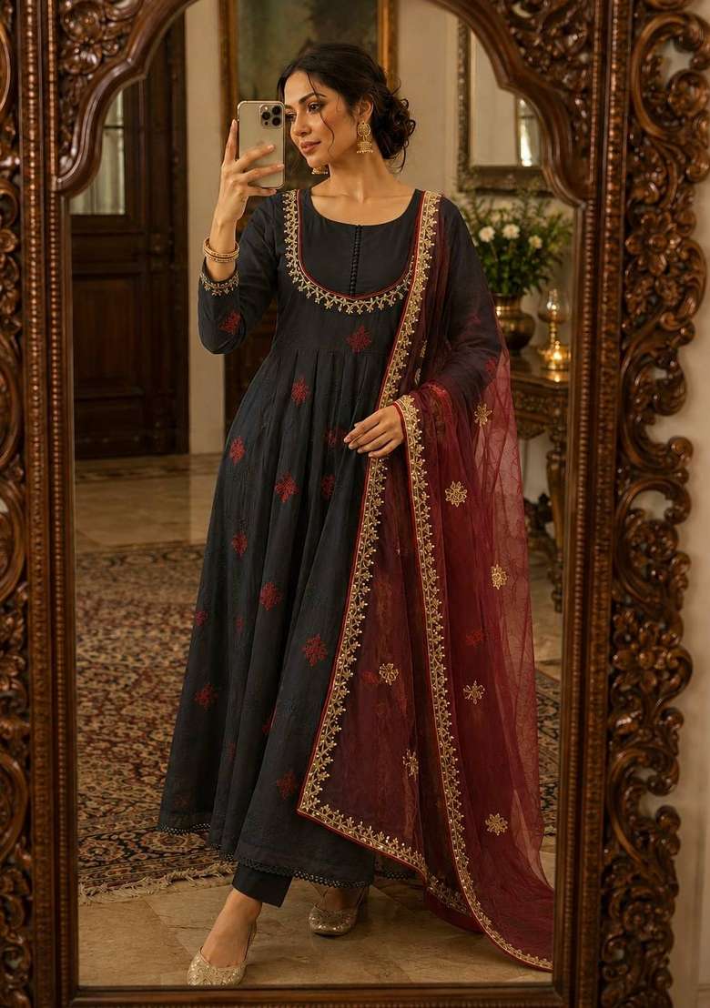 Black And Red Embroidery Cotton Anarkali Set - Indya