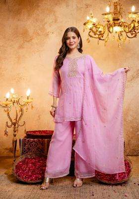Pink Embroidery Silk Palazzo Set