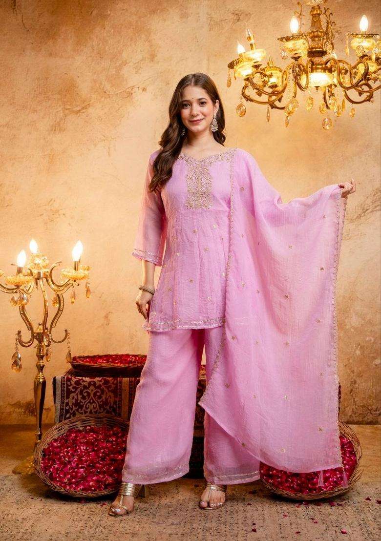 Pink Embroidery Silk Palazzo Set - Indya