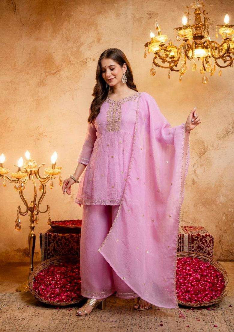 Pink Embroidery Silk Palazzo Set - Indya