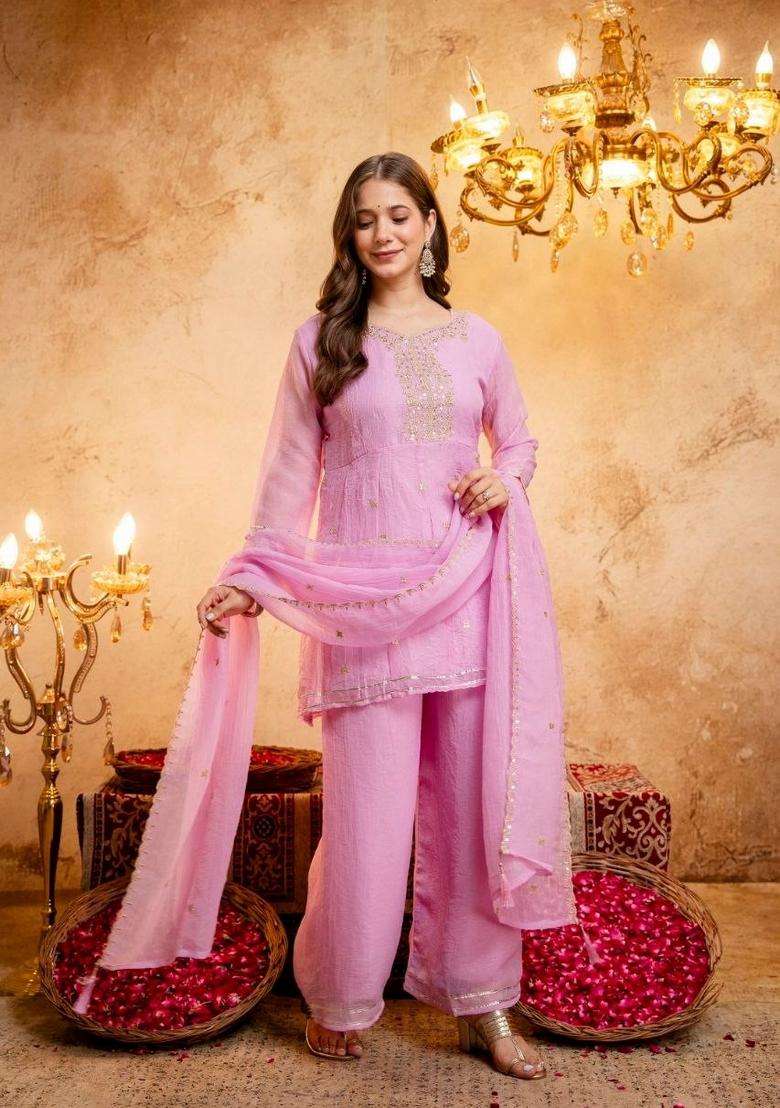 Pink Embroidery Silk Palazzo Set - Indya