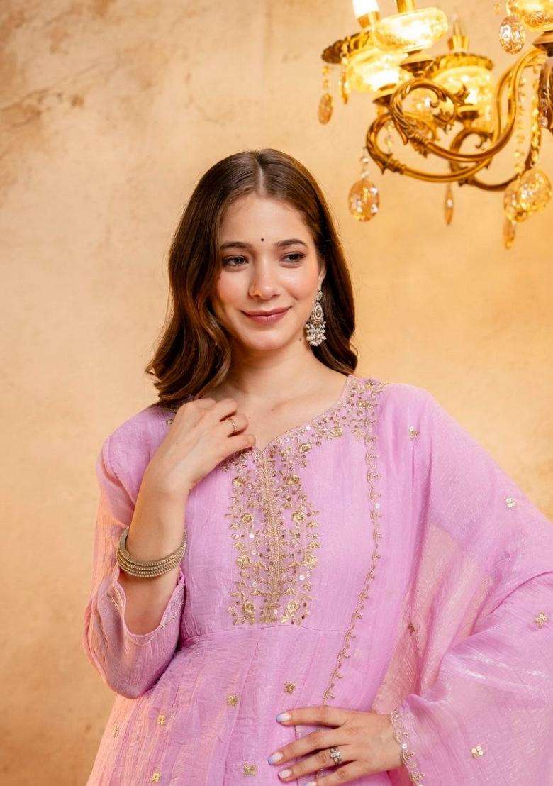 Pink Embroidery Silk Palazzo Set - Indya