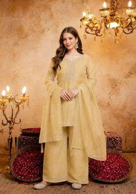 Yellow Embroidery Silk Palazzo Set