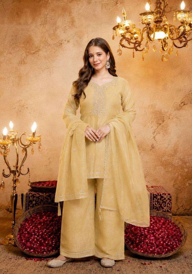 Yellow Embroidery Silk Palazzo Set - Indya