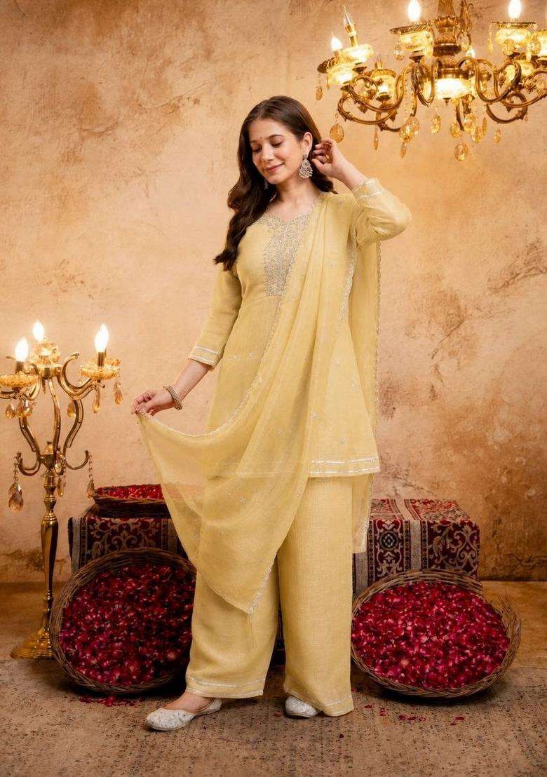 Yellow Embroidery Silk Palazzo Set - Indya