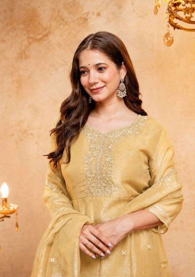 Yellow Embroidery Silk Palazzo Set - Indya