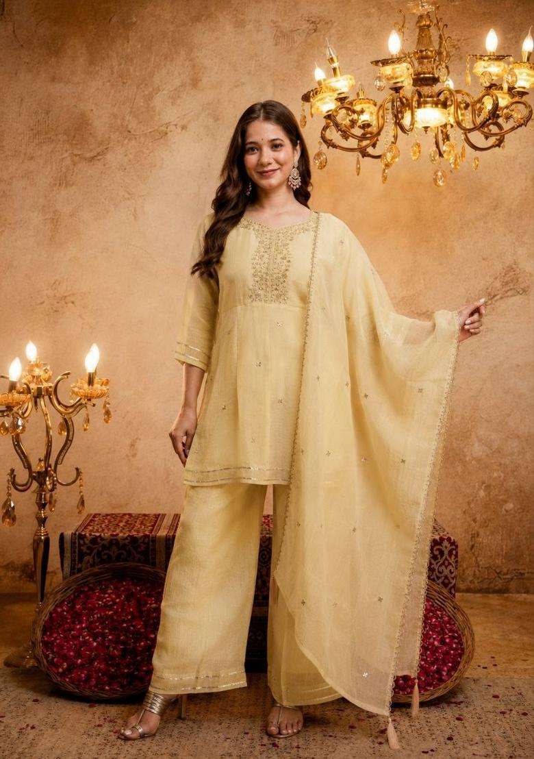 Yellow Embroidery Silk Palazzo Set - Indya