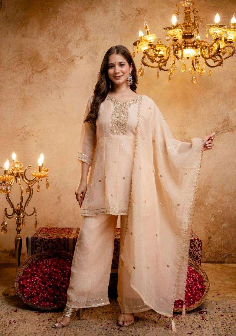 Orange Embroidery Silk Palazzo Set - Indya