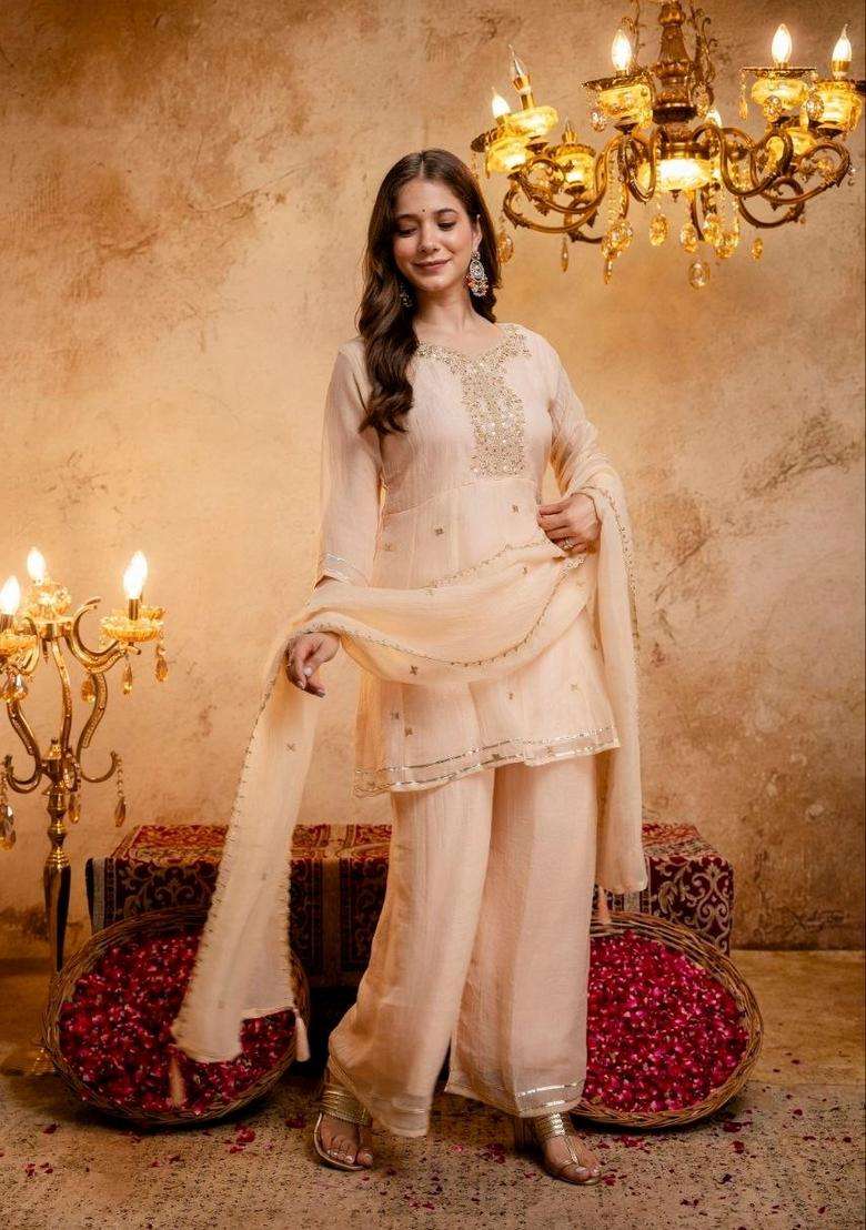 Orange Embroidery Silk Palazzo Set - Indya