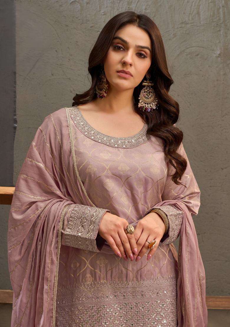 Mauve Embroidery Viscose Palazzo Set - Indya