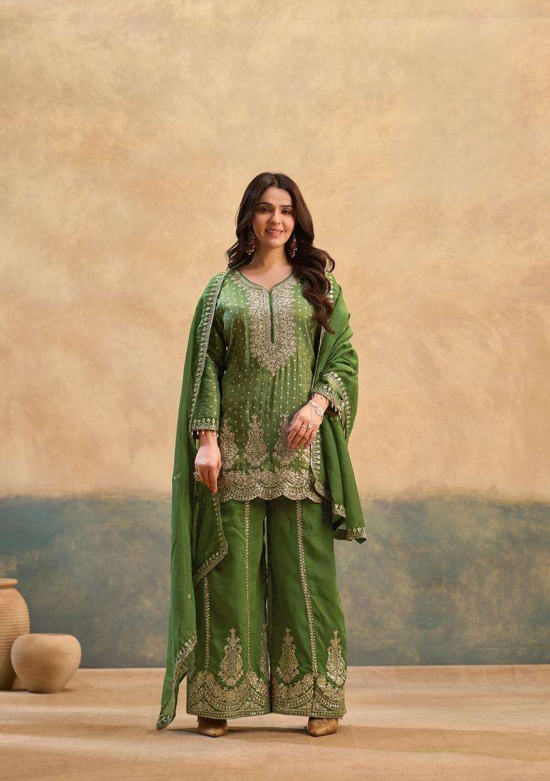 Green Embroidery Viscose Palazzo Set - Indya