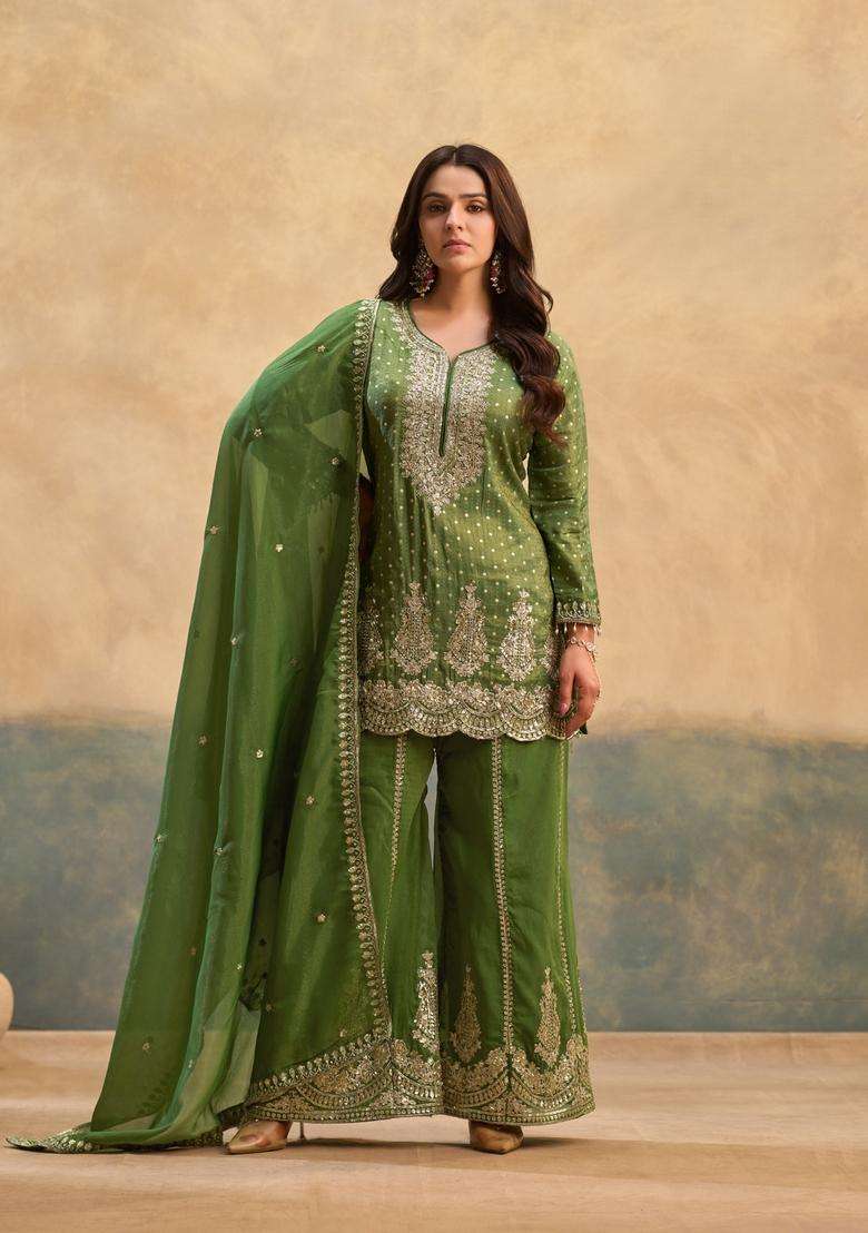 Green Embroidery Viscose Palazzo Set - Indya