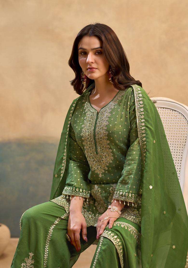 Green Embroidery Viscose Palazzo Set - Indya