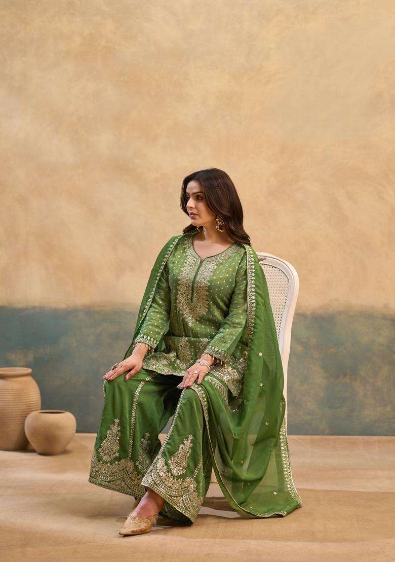 Green Embroidery Viscose Palazzo Set - Indya