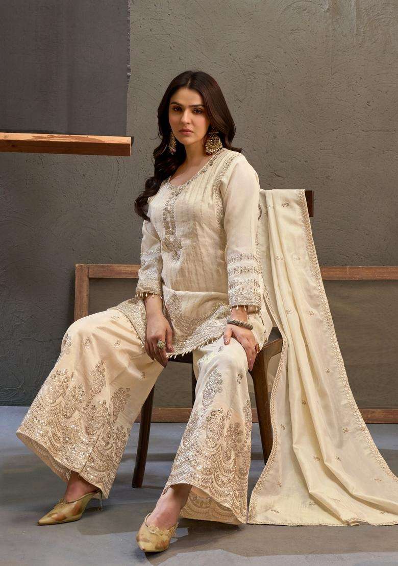 White Embroidery Viscose Palazzo Set - Indya