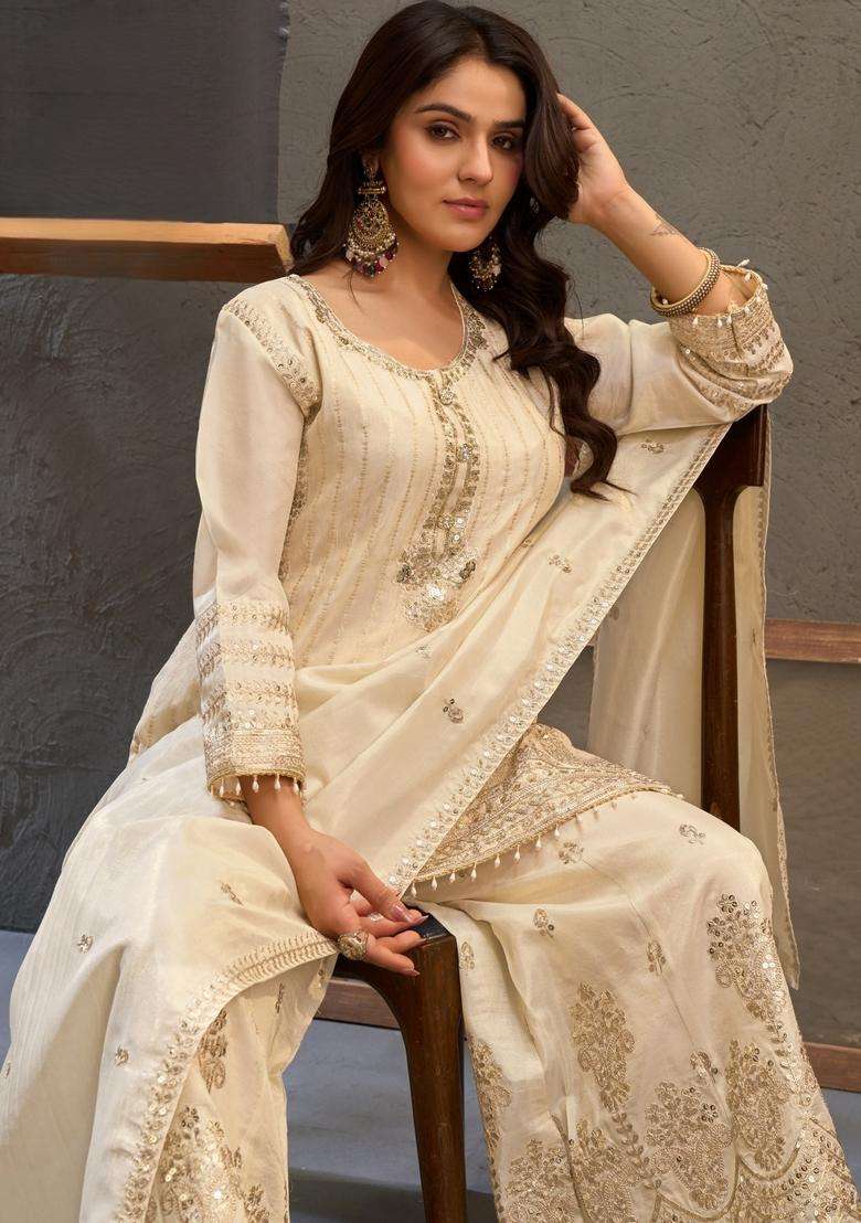 White Embroidery Viscose Palazzo Set - Indya