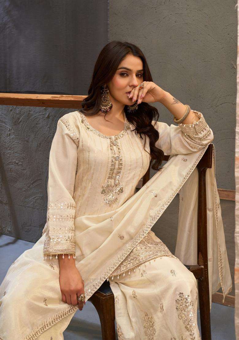 White Embroidery Viscose Palazzo Set - Indya