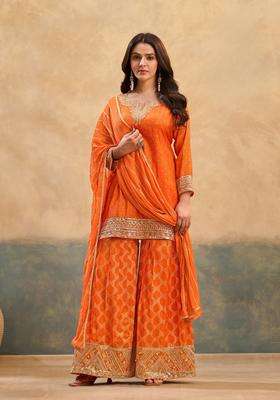 Orange Embroidery Viscose Palazzo Set