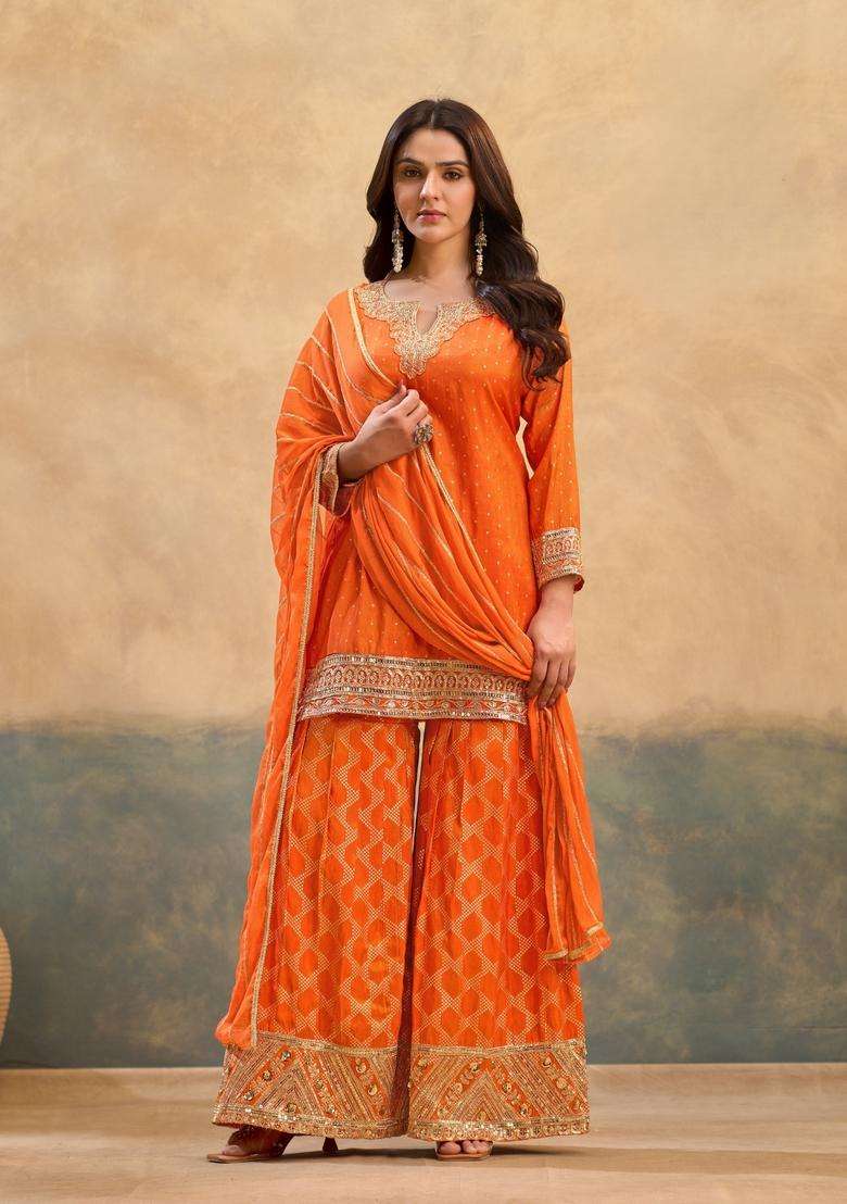 Orange Embroidery Viscose Palazzo Set - Indya