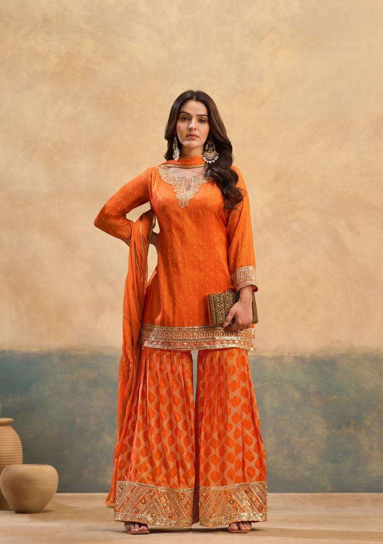 Orange Embroidery Viscose Palazzo Set - Indya