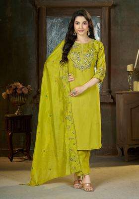 Green Embroidery Silk Kurta Set