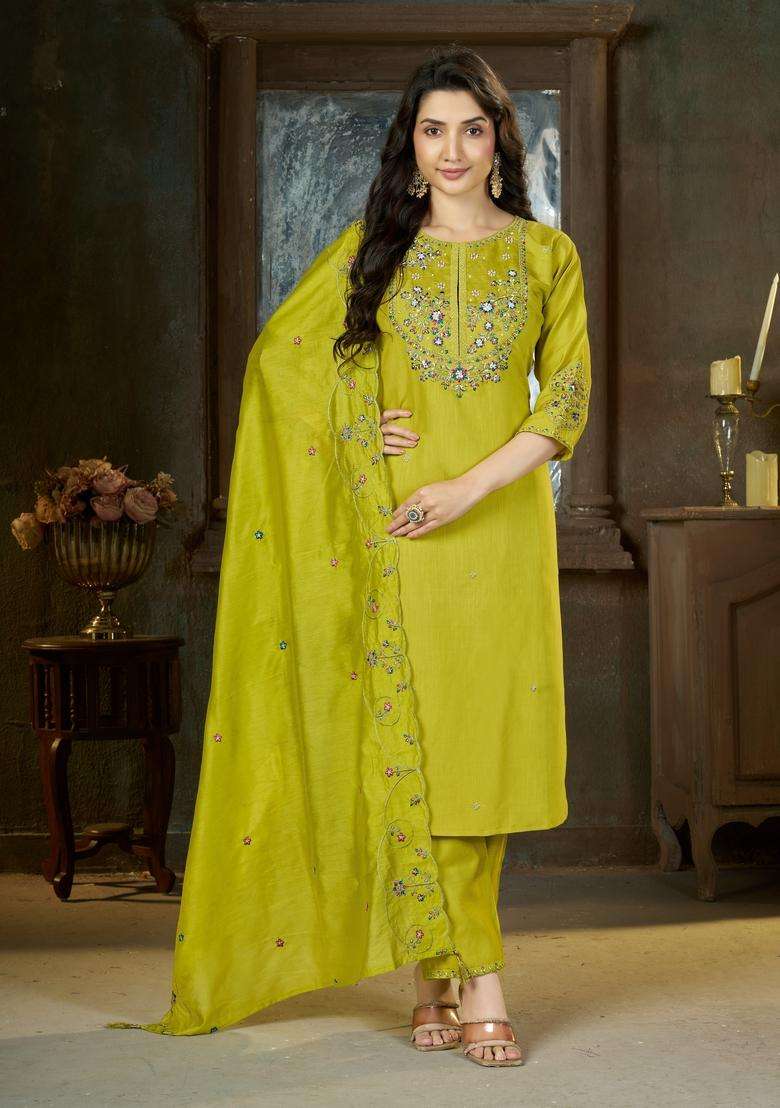 Green Embroidery Silk Kurta Set - Indya
