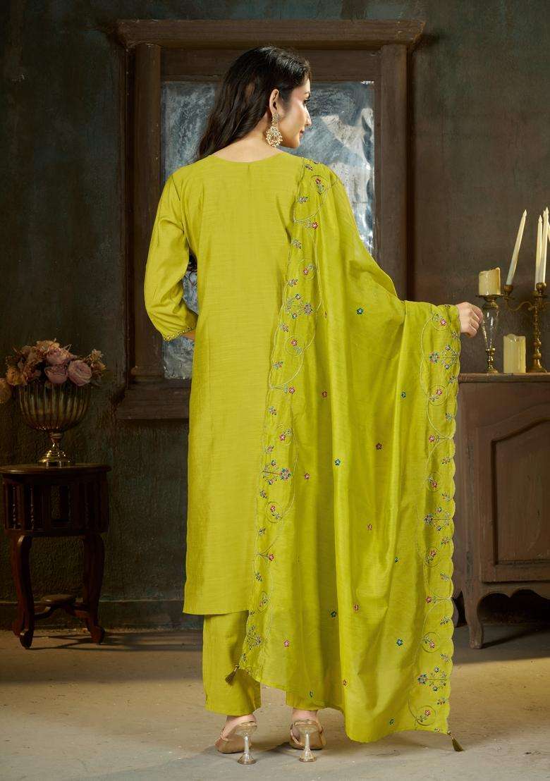 Green Embroidery Silk Kurta Set - Indya