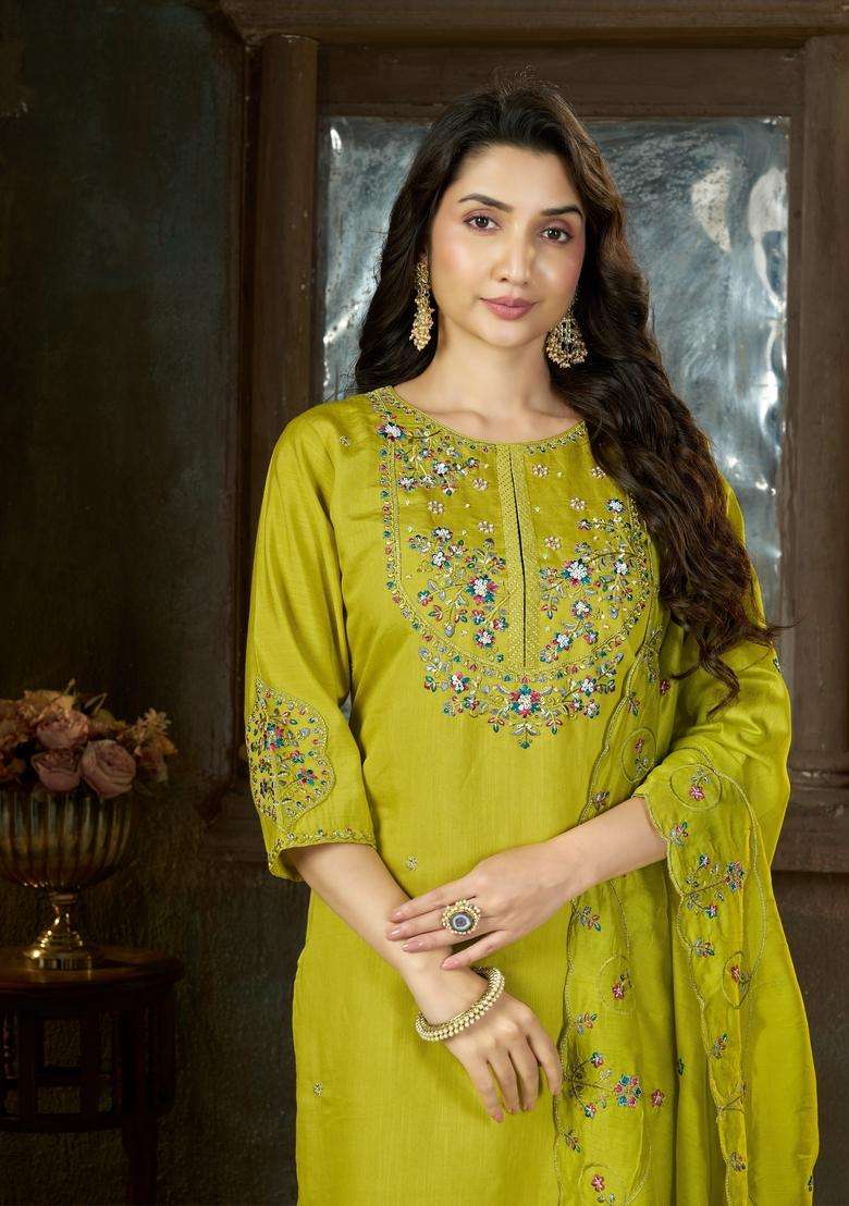 Green Embroidery Silk Kurta Set - Indya