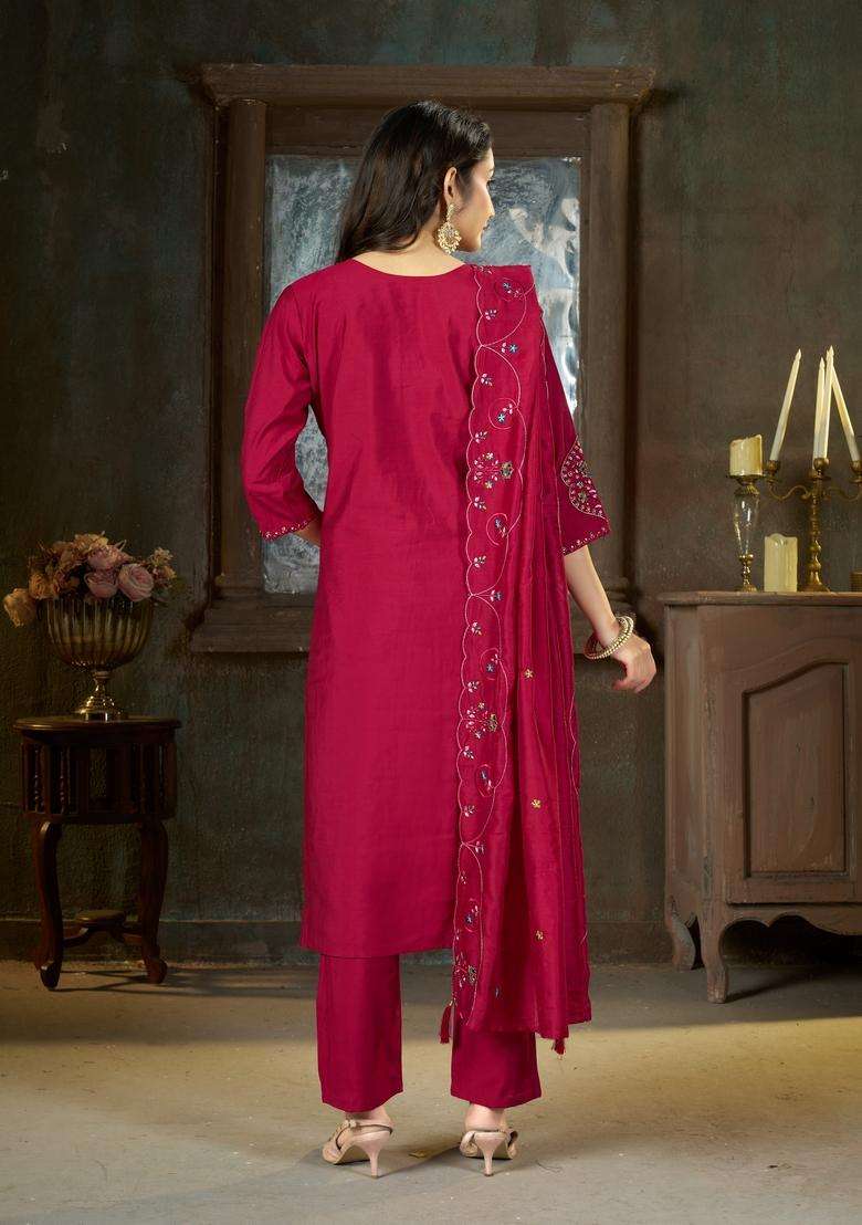Pink Embroidery Silk Kurta Set - Indya