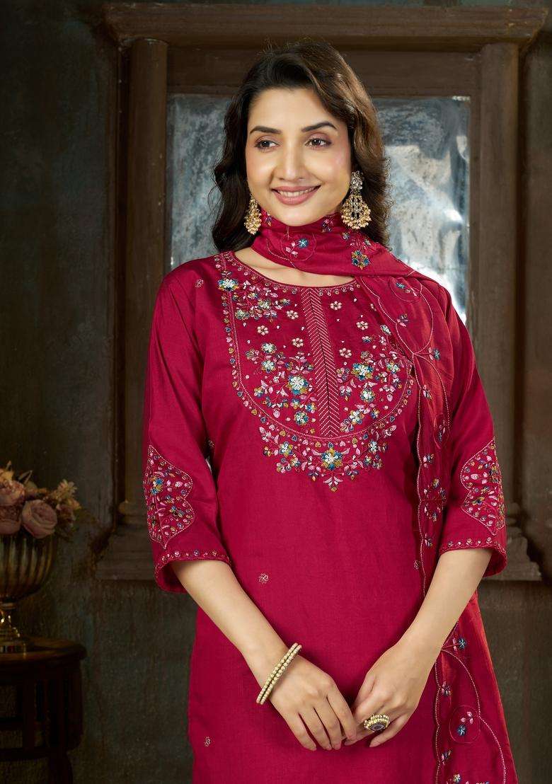 Pink Embroidery Silk Kurta Set - Indya