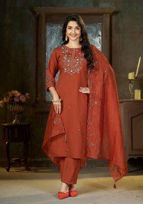 Orange Embroidery Silk Kurta Set