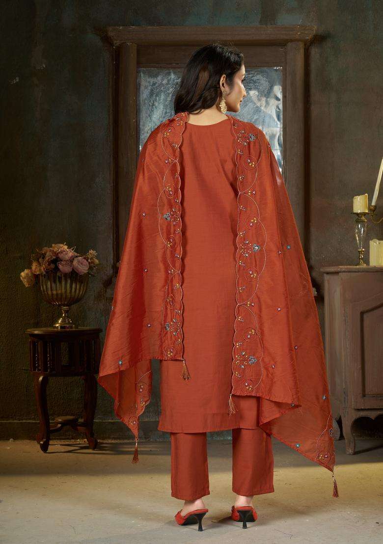 Orange Embroidery Silk Kurta Set - Indya