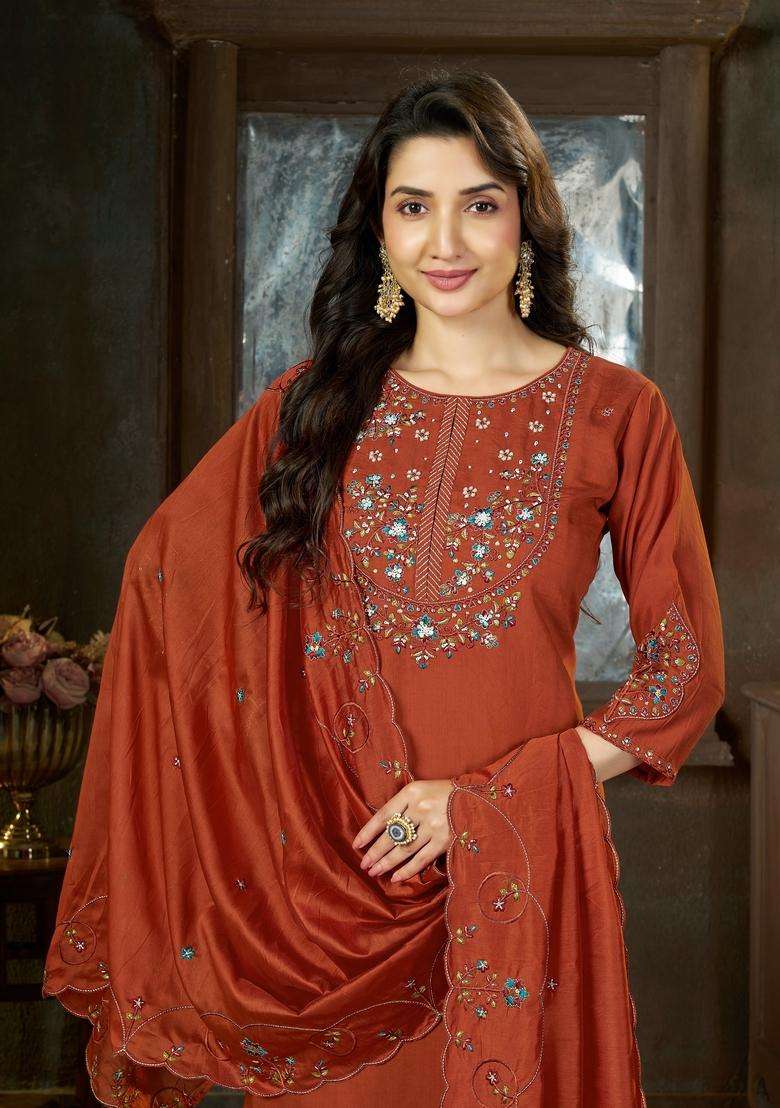 Orange Embroidery Silk Kurta Set - Indya