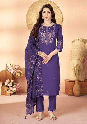 Violet Embroidery Silk Kurta Set