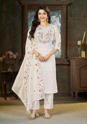White Embroidery Silk Kurta Set