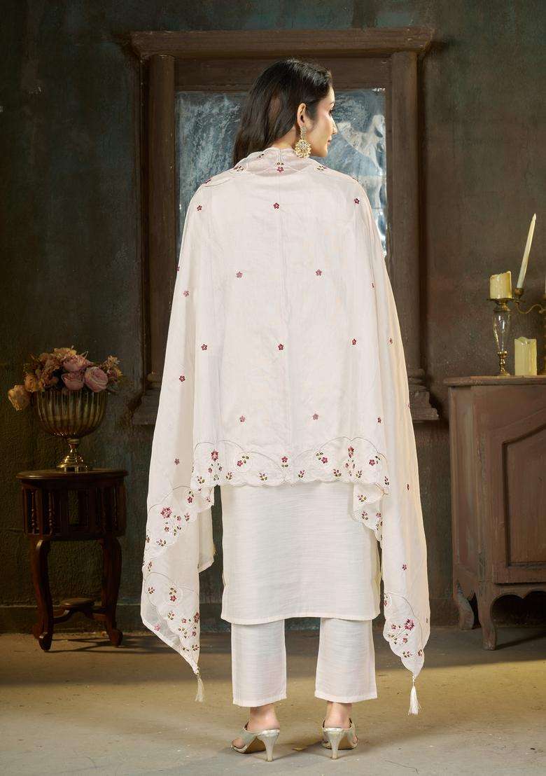 White Embroidery Silk Kurta Set - Indya