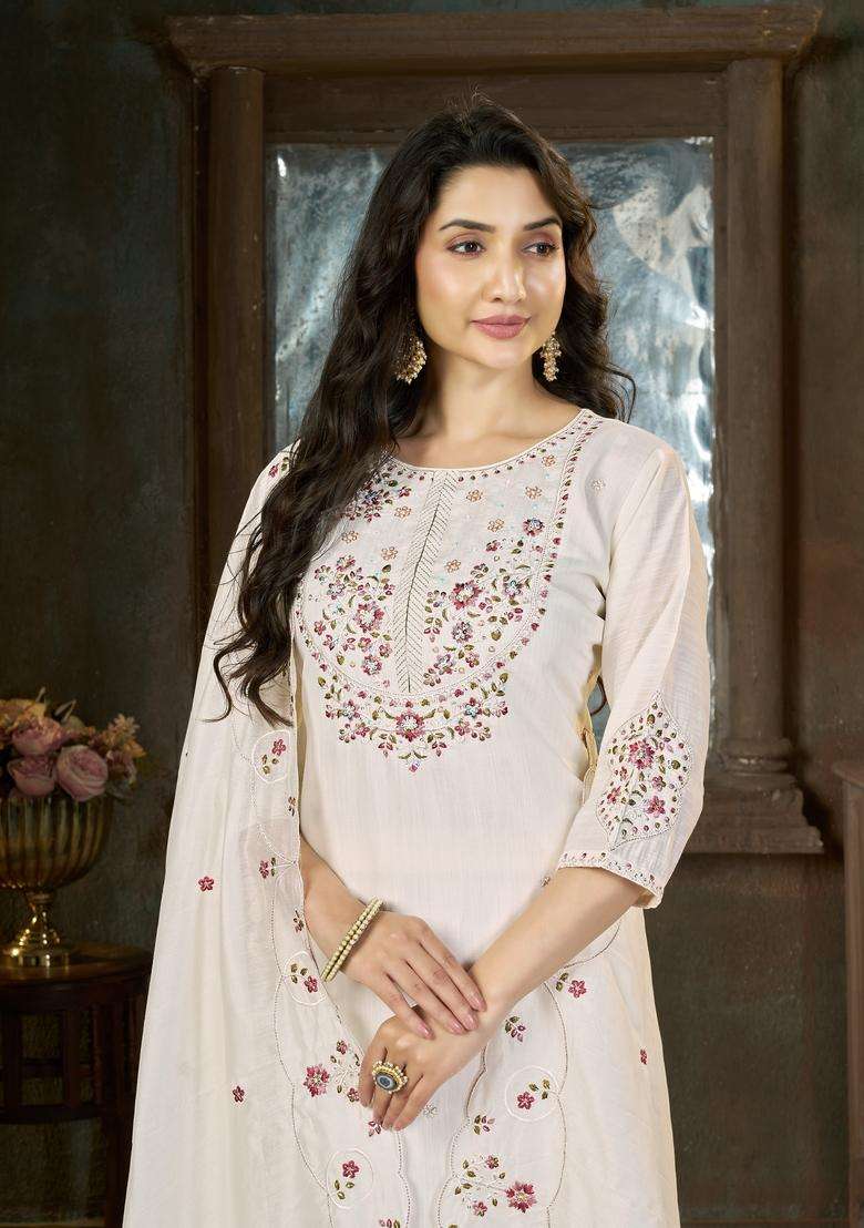 White Embroidery Silk Kurta Set - Indya