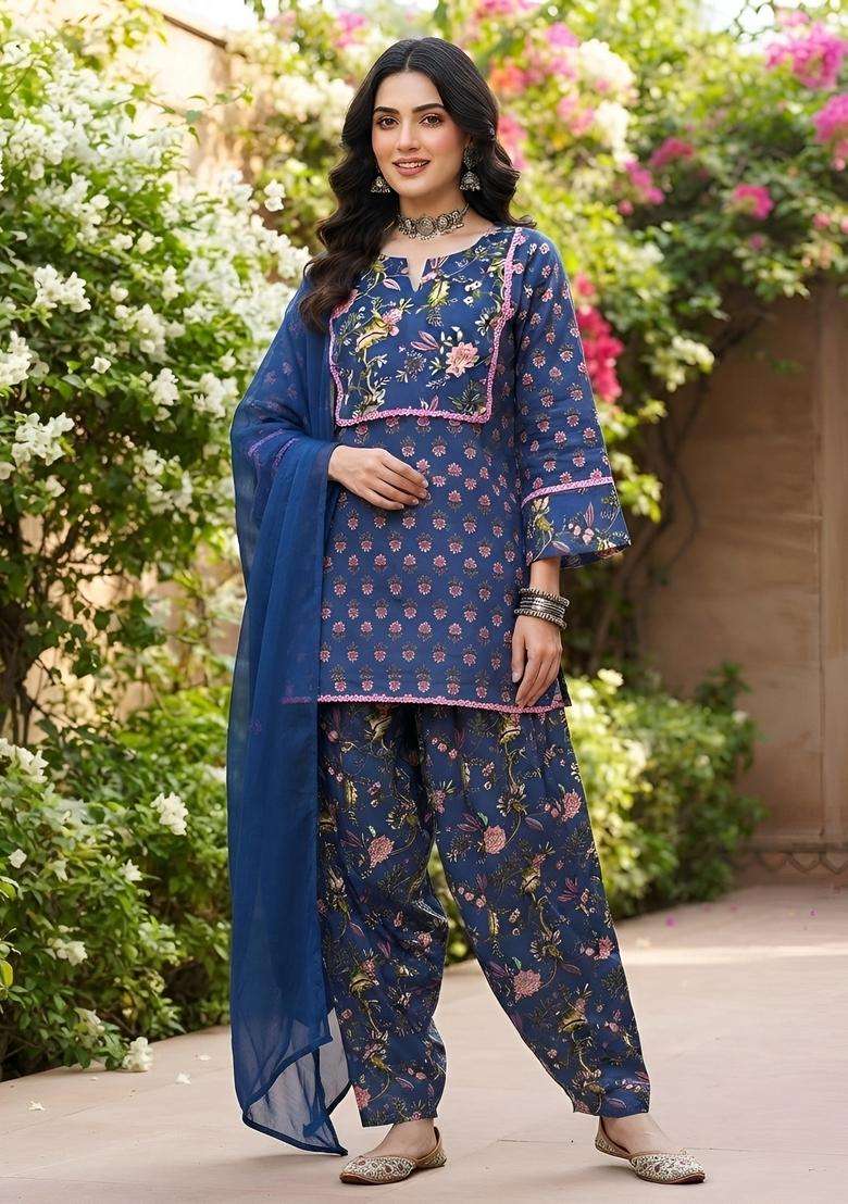 Blue Printed Viscose Kurta Set - Indya