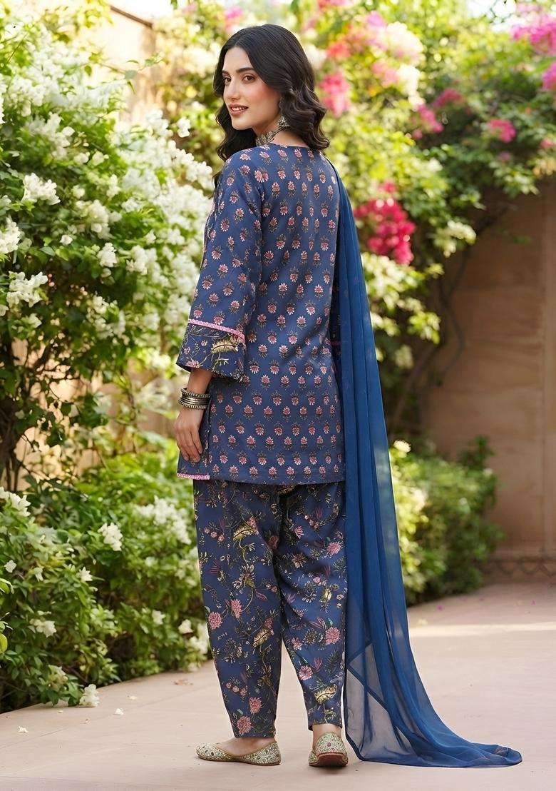 Blue Printed Viscose Kurta Set - Indya