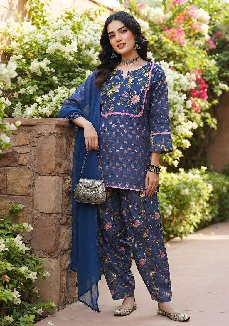 Blue Printed Viscose Kurta Set - Indya