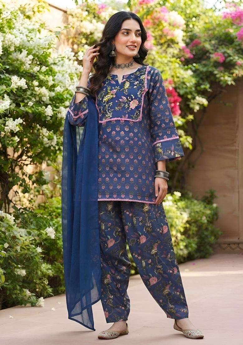 Blue Printed Viscose Kurta Set - Indya