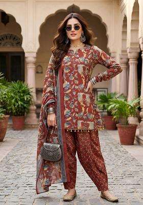 Maroon Printed Viscose Kurta Set
