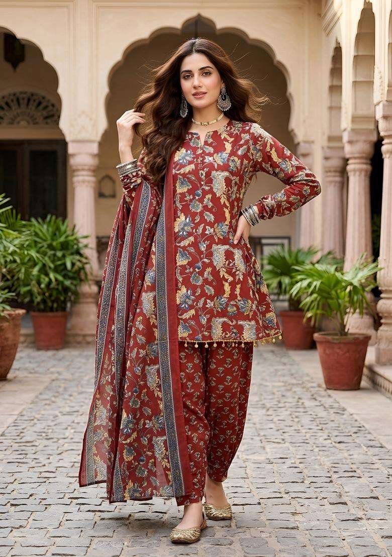 Maroon Printed Viscose Kurta Set - Indya
