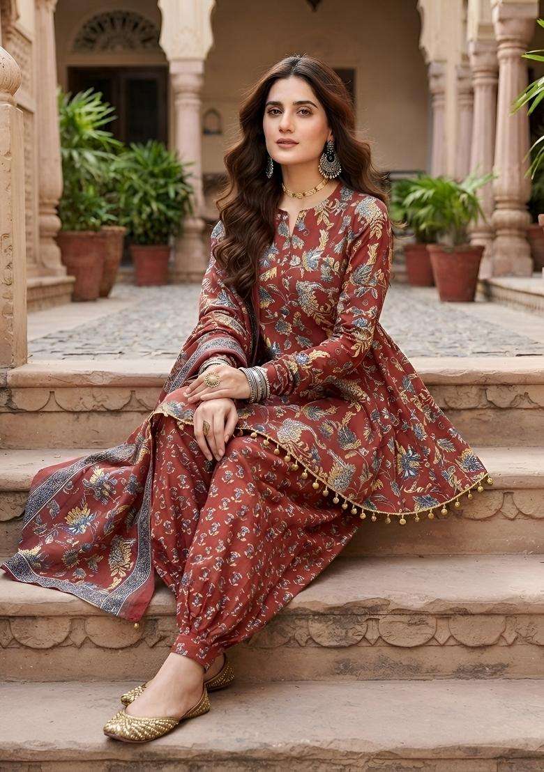 Maroon Printed Viscose Kurta Set - Indya