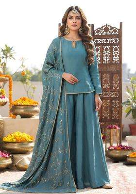 Blue Embroidery Viscose Kurta Set