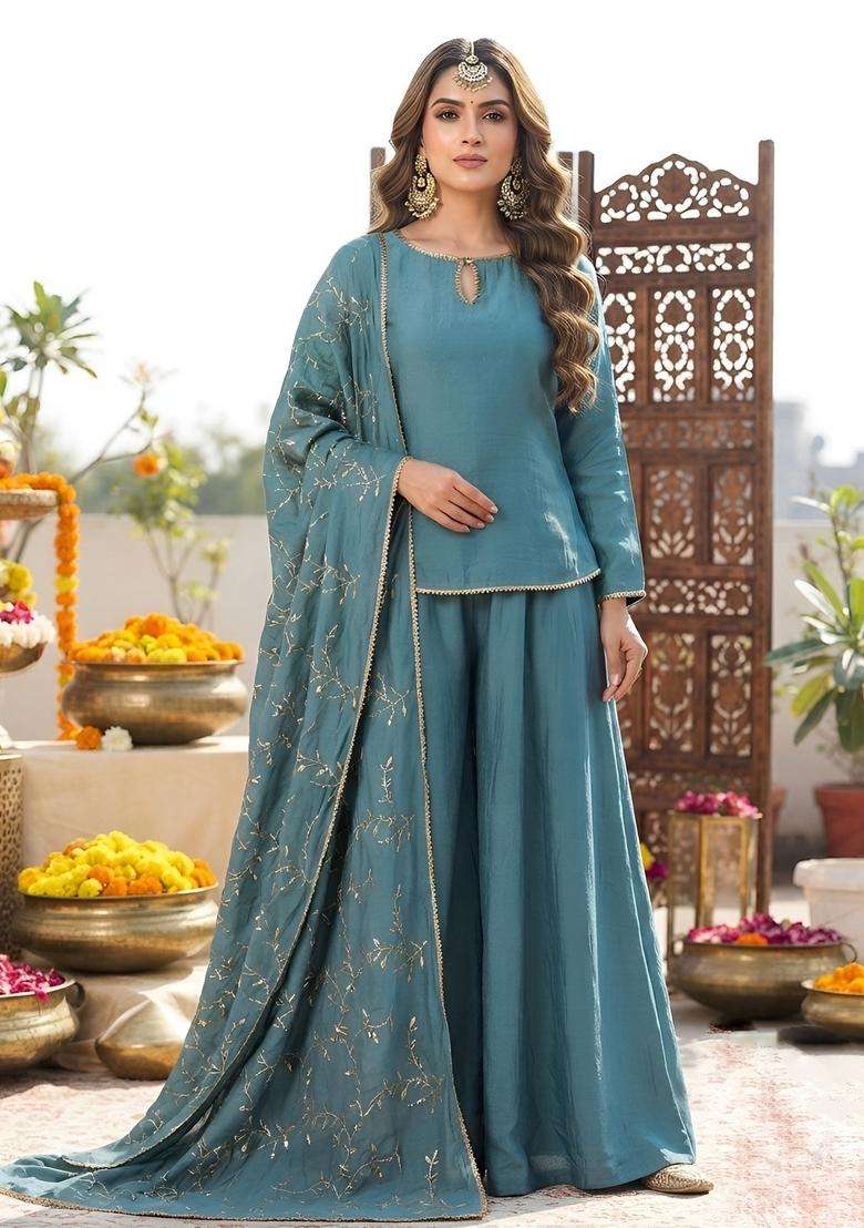 Blue Embroidery Viscose Kurta Set - Indya