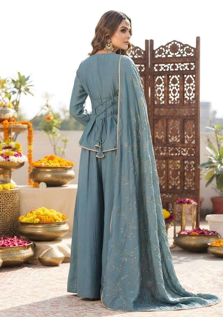 Blue Embroidery Viscose Kurta Set - Indya