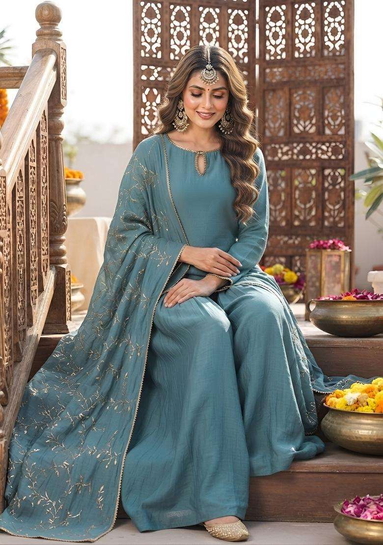 Blue Embroidery Viscose Kurta Set - Indya