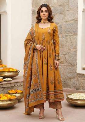 Mustard Printed Viscose Kurta Set